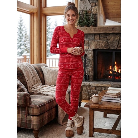 Victoria's Secret Other - Victorias Secret Red Fair Isle Thermal Pajama Set Long Sleeve Top Leggings Large